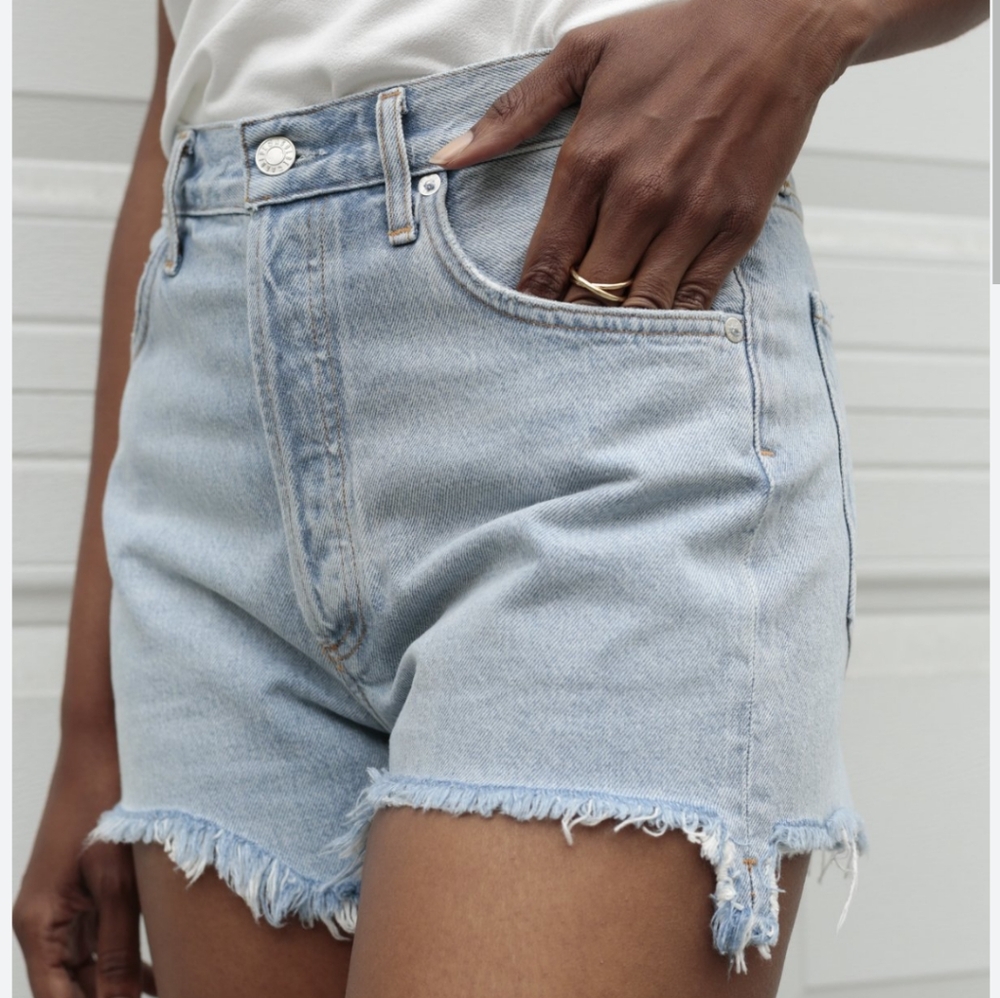Agolde Pale Blue High-Rise Frayed Denim Shorts